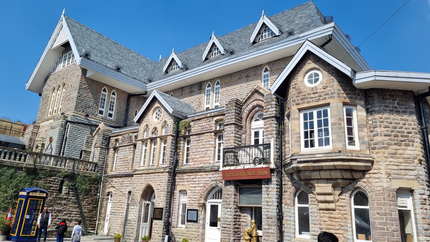 The stone and half-timbered Gaiety Theatre building on the Mall in Shimla