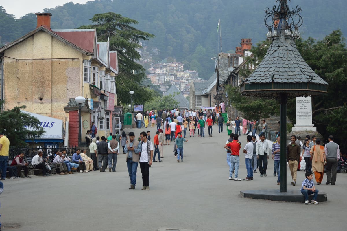 Scandal Point on the Ridge in Shimla, with the statue of Lala Lajpat Rai and strolling visitors